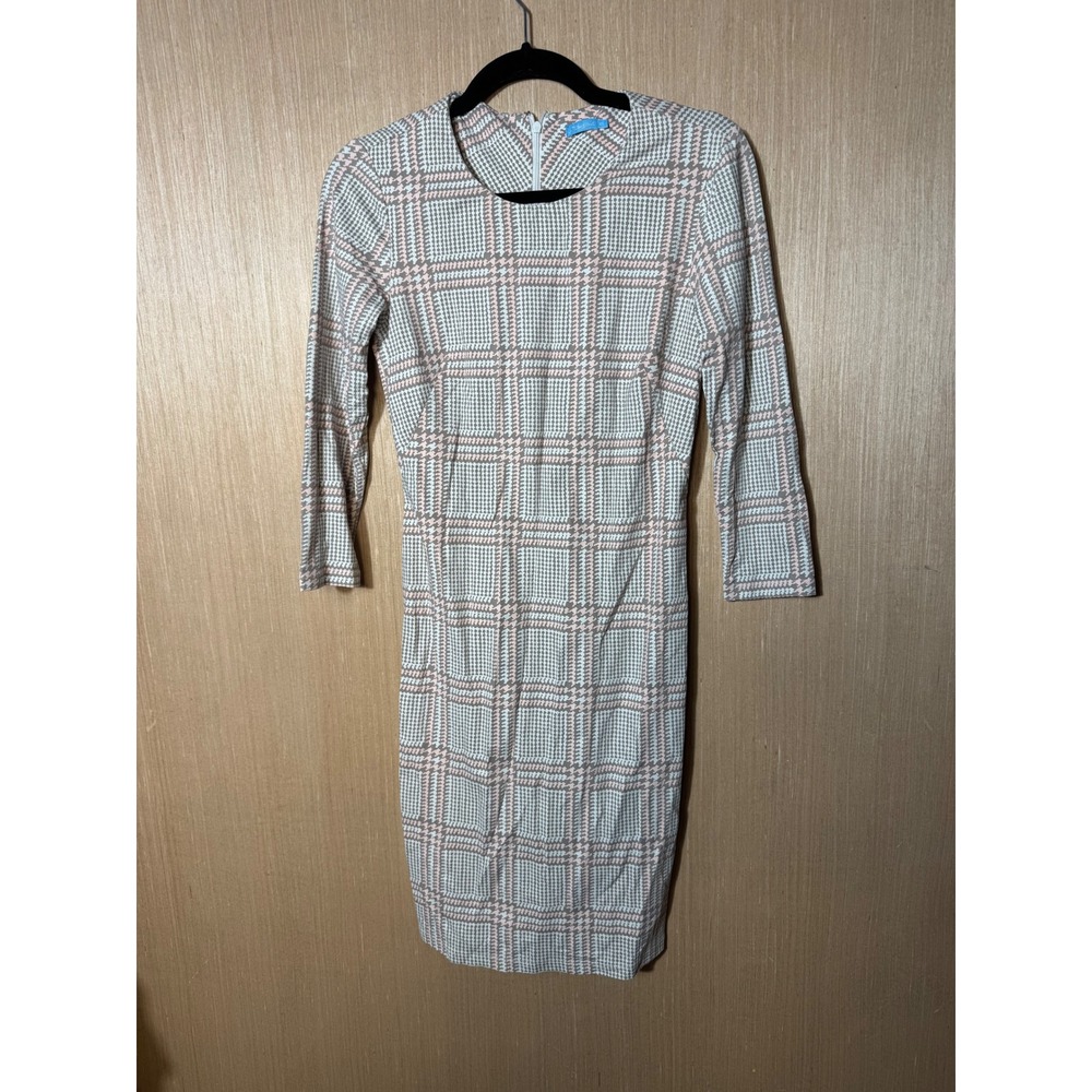 J.McLaughlin Pink Grey Houndstooth Plaid Catalina Cloth Sheath Dress 3/4 Sleeve